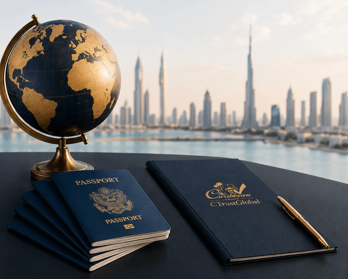 CTrustGlobal globe and passports with Dubai skyline
